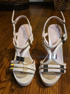 ALDO Blush Pink Strappy Platform Heels with Gold Accents